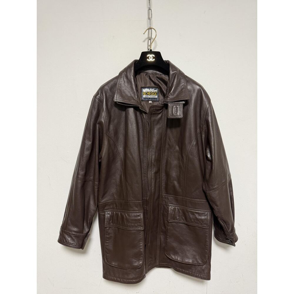 SCHEGGE Coat 50 Brown Leather Overcoat Full Zip Lined Made In Italy